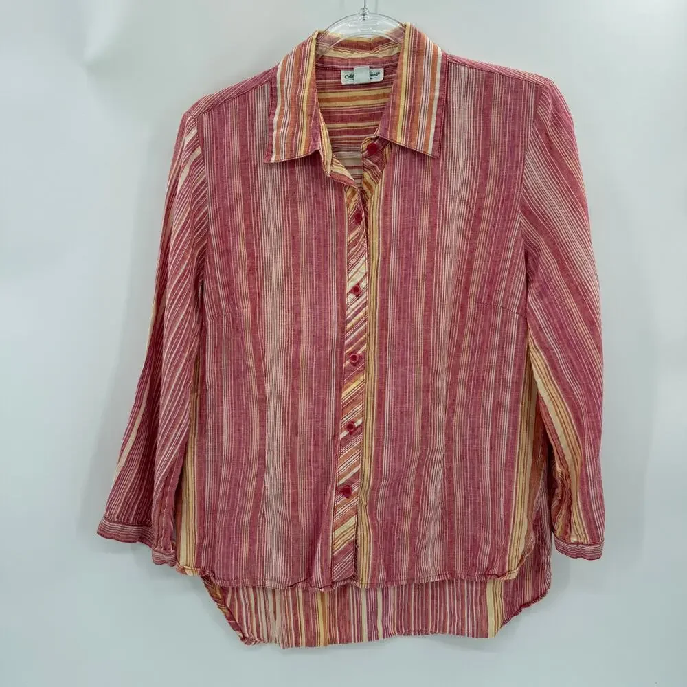 COLDWATER CREEK Linen Striped Shirt Size M 3/4 Sleeve Top Shirt Tail Hem Sunset